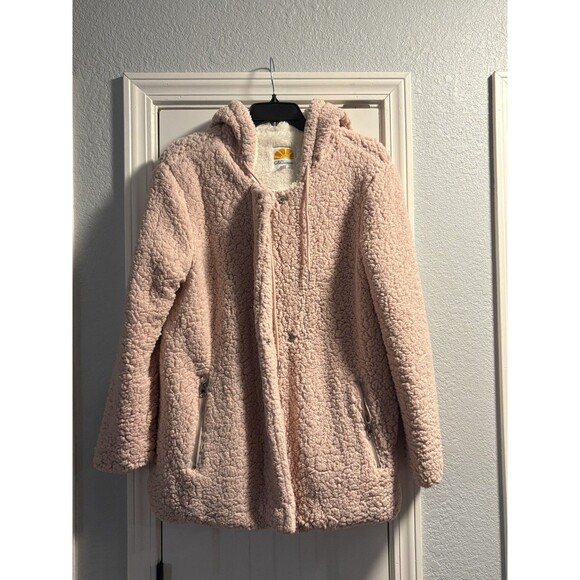 C&C California Medium Sherpa Fleece Jacket Pink Soft Teddy Snap Zip Front Coat - Picture 1 of 6